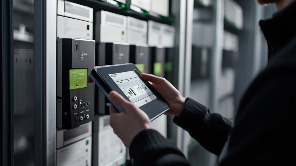 worker using digital interface to monitor and control energy storage system for renewable energy grid concept of modern power management technology and sustainability in the energy industry