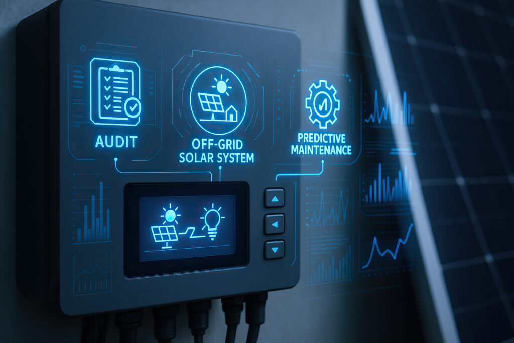 off grid solar system control panel with digital interface showing audit, predictive maintenance, and energy monitoring, highlighting sustainable energy management technology